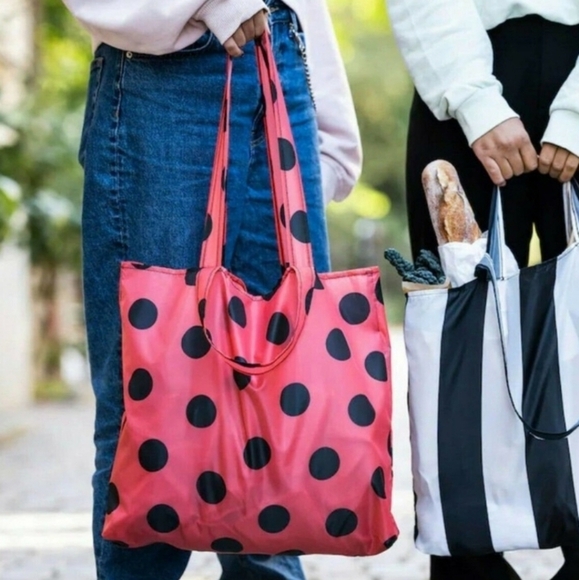 Ikea Skynke shopping tote bag Red Black Polka dot 2 Pack - Picture 2 of 9